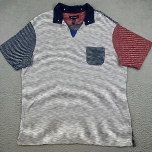 Cremieux Shirt‎ Mens XL Red White Blue Striped Pocket Star Collar Split Neck